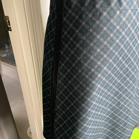 M.S.S.P. A-Line Blue-Green Tartan skirt w/ black tuxedo stripe on sides & trim - Picture 3 of 5